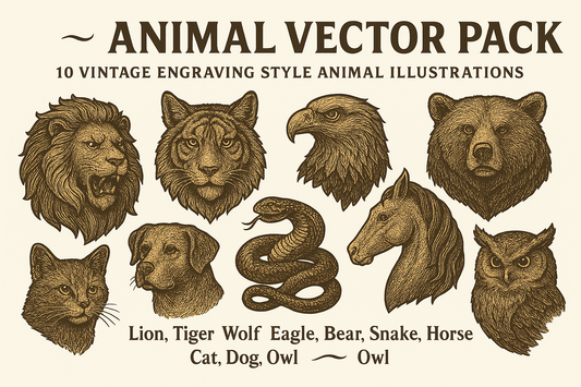 Animal Vector Pack | 10 Vintage Engraving Style Animal Illustrations | Lion, Tiger, Wolf, Eagle, Bear, Snake, Horse, Cat, Dog, Owl